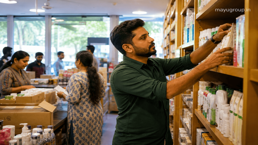 Retail store owner restocking shelves with new inventory while customers shop in a busy, well-stocked store environment.