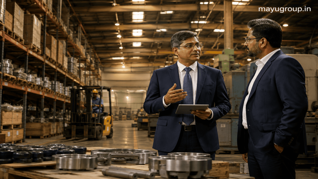 Business owner discussing asset-based lending solutions with a financial advisor in a modern corporate office environment.