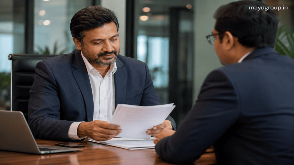 Business client discussing bank loan documents with a banker in a professional office setting.