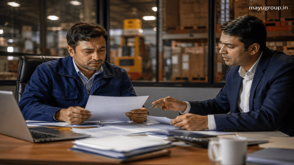 Business owner and financial advisor discussing a business line of credit in a modern office setting.