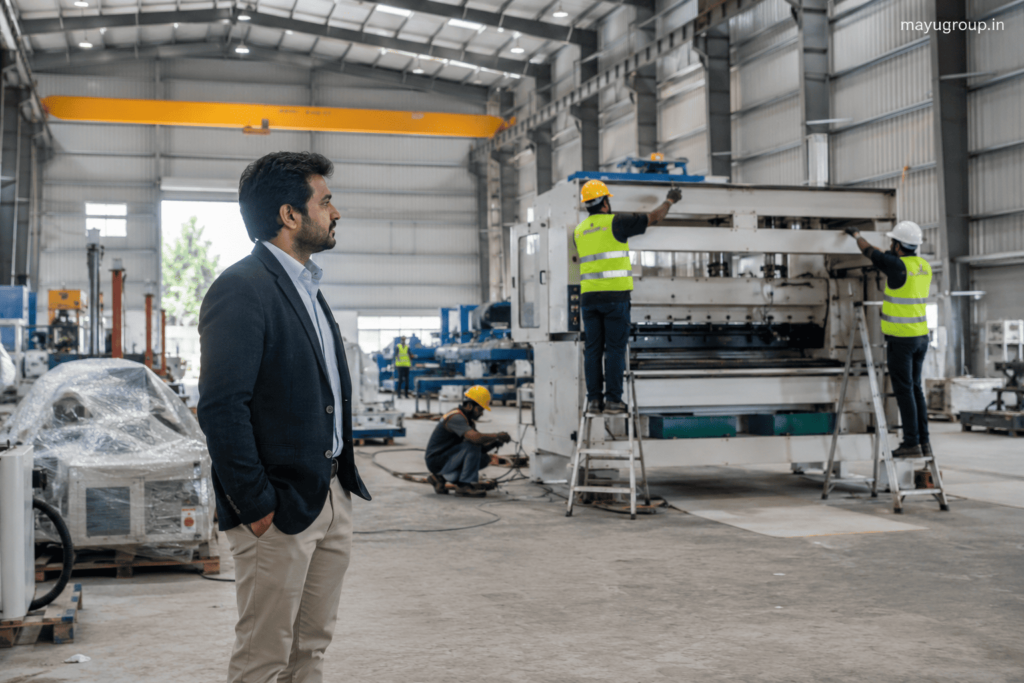 Business owner observing new machinery installation in a manufacturing unit representing commercial loan-driven growth