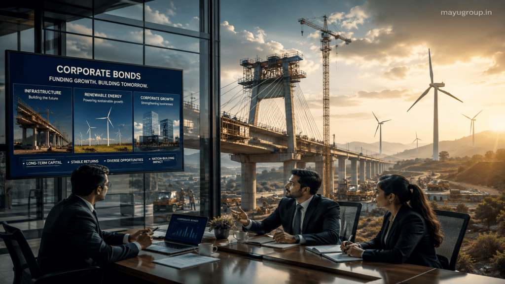 A realistic cinematic composition showing infrastructure, renewable energy, and corporate office environments representing industries funded by corporate bonds.