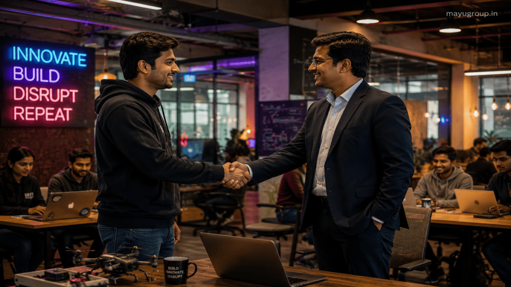 Startup founder shaking hands with a corporate investor in a modern innovation hub surrounded by developers and tech workspace activity.
