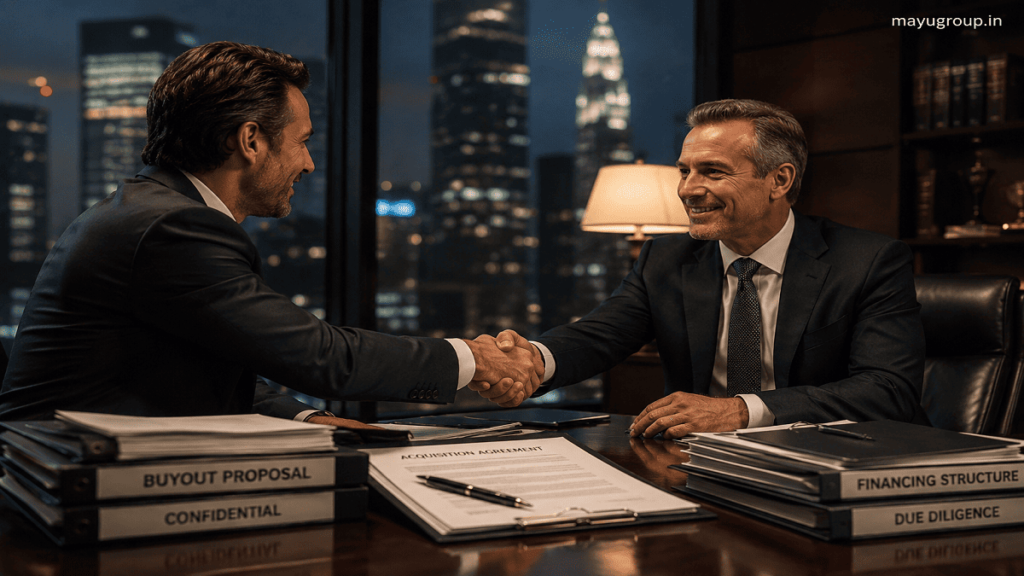 Two executives shaking hands in a luxury office symbolizing a business acquisition deal with financial documents and city skyline in the background.