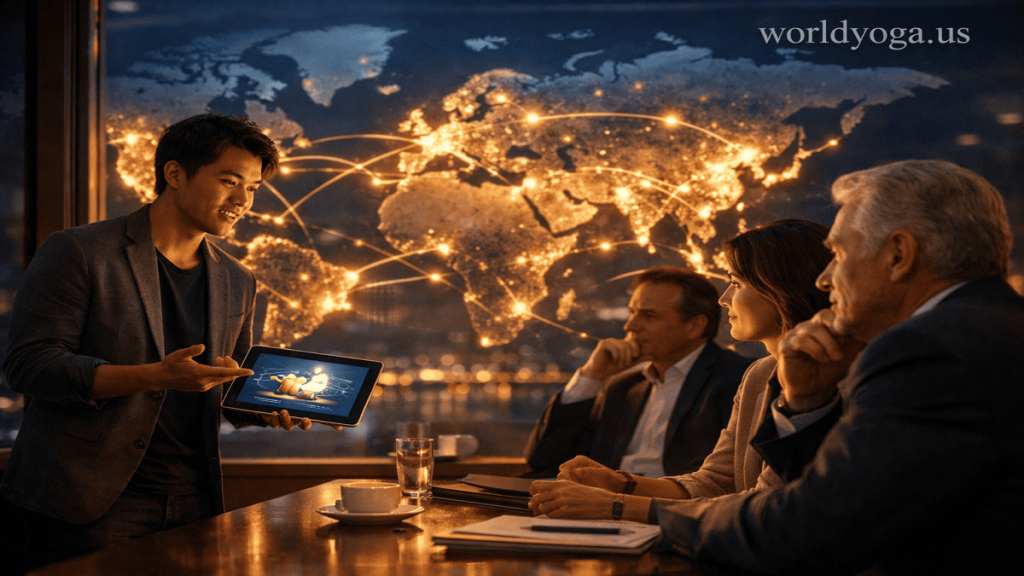 A cinematic global financial network with glowing connection lines linking investors and startups across a world map, with a founder presenting an idea, and a “worldyoga.us” watermark at the top right corner.