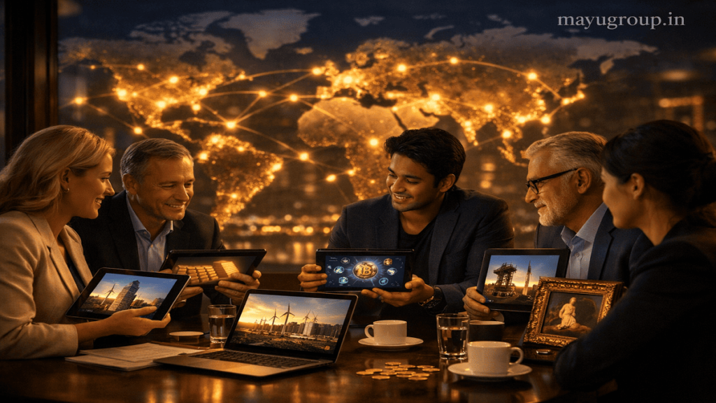 Global financial ecosystem showing investors connected through alternative assets like real estate, commodities, infrastructure, and digital assets with a world map background and a “mayugroup.in” watermark.