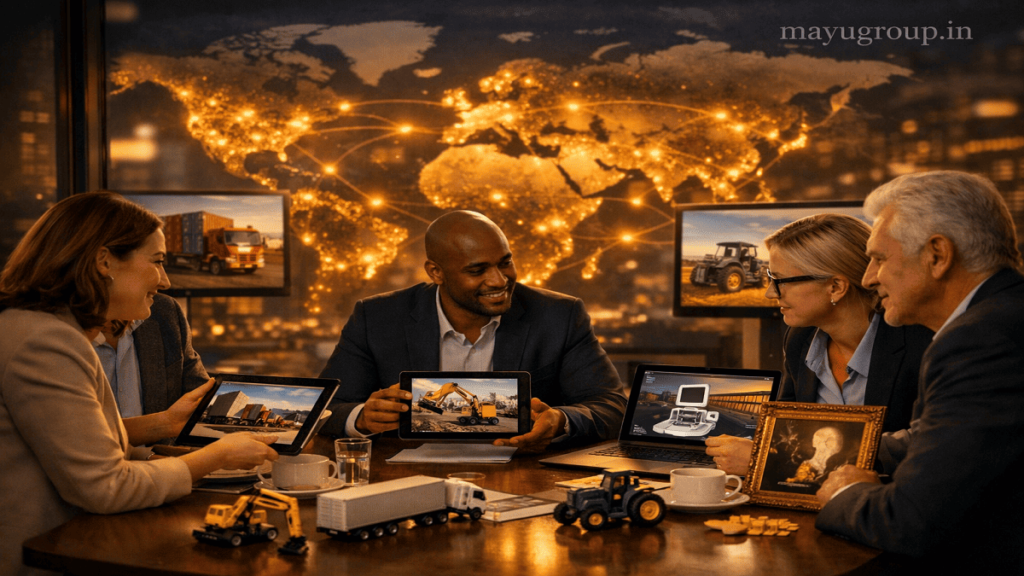 Global industries using asset finance including logistics, construction, agriculture, and healthcare connected through financial networks, with a “mayugroup.in” watermark in the top right corner.