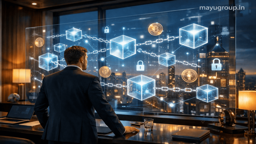 Financial analyst interacting with a transparent blockchain interface inside a luxury corporate office with futuristic fintech visuals.