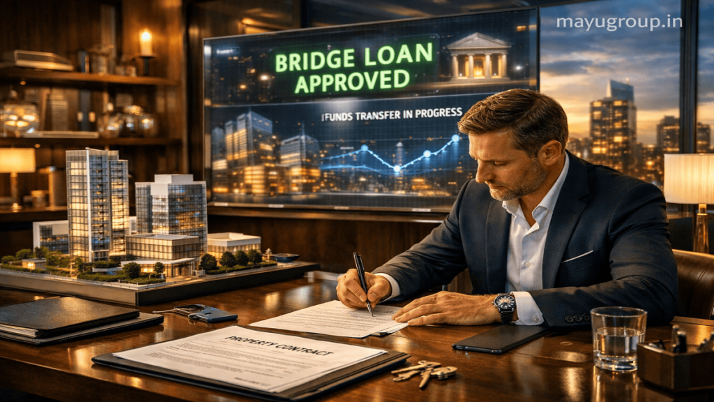 Real estate developer reviewing commercial property contracts with digital financial visuals related to bridge financing.