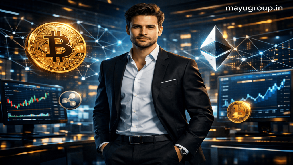 Young entrepreneur standing in a futuristic cryptocurrency and blockchain investment environment with digital trading visuals.