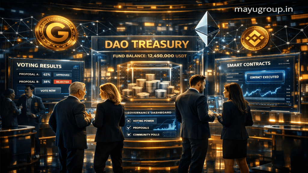 Investors interacting with DAO funding systems and blockchain-based treasury management in a futuristic finance hub.