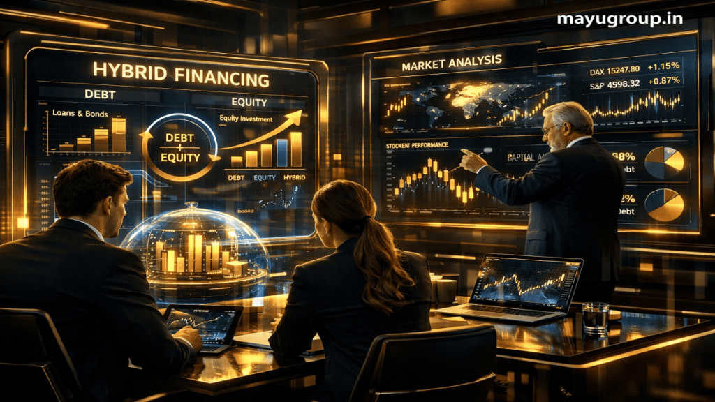Professional investors analyzing hybrid financing models in a futuristic fintech workspace with digital financial dashboards.