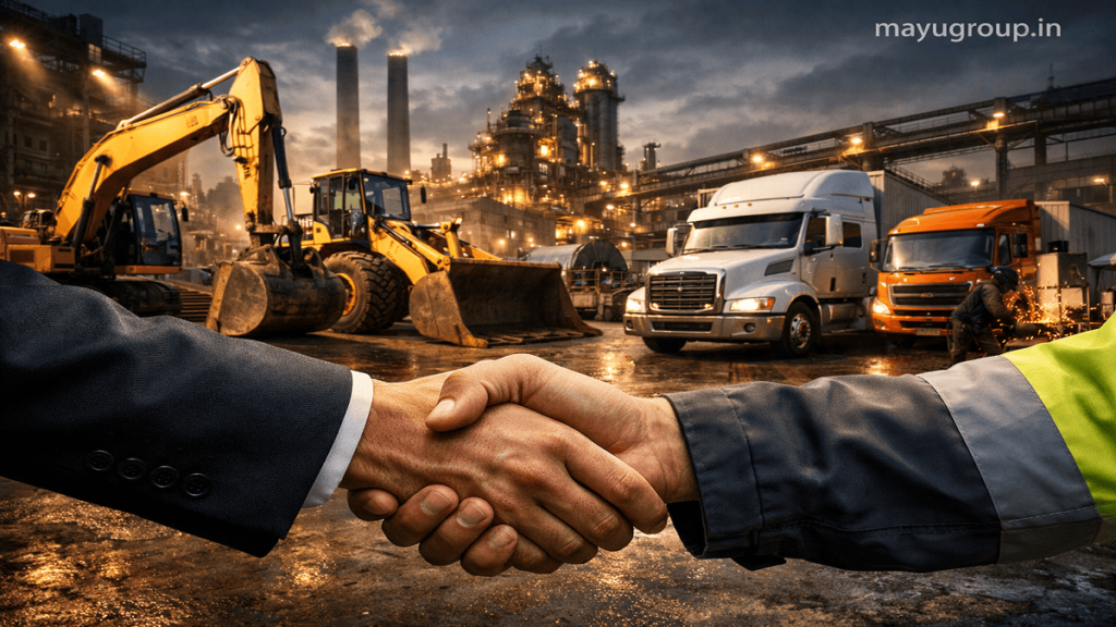 Handshake between business professionals in an industrial setting with trucks and machinery representing leasing finance.