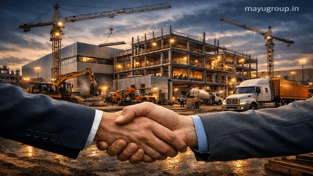 Handshake between business professionals at an industrial expansion site representing mezzanine financing investment.