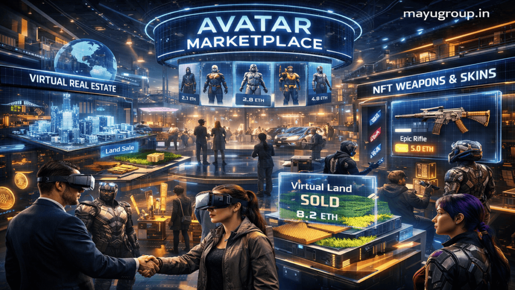 Virtual metaverse environment showing NFT gaming assets, digital land, and avatars trading blockchain-based items.