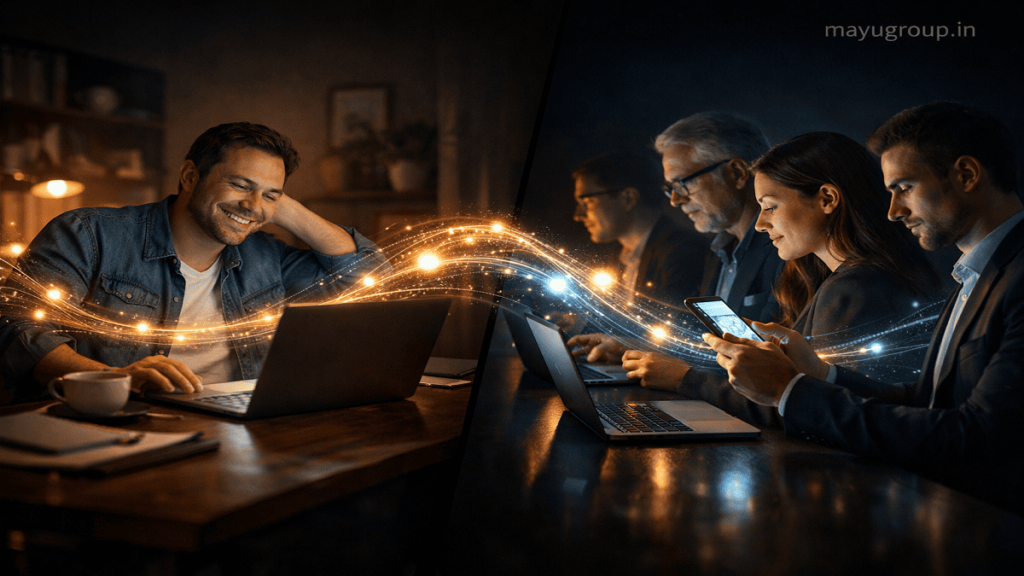 A split-scene conceptual image showing borrowers and investors connected through a glowing digital financial network representing peer-to-peer lending.