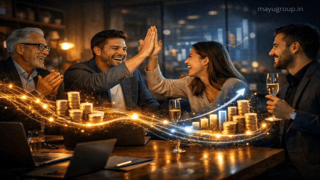 Startup team celebrating success in a modern office with abstract digital profit-sharing connections representing investors and founders.