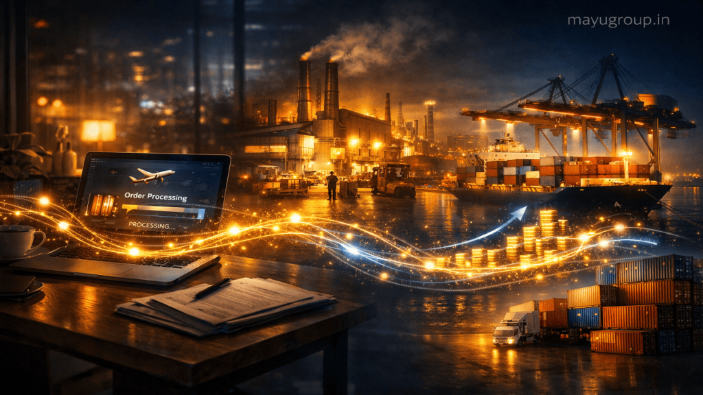 Global trade concept showing laptop order processing connected to factory production and shipping port through digital flow.