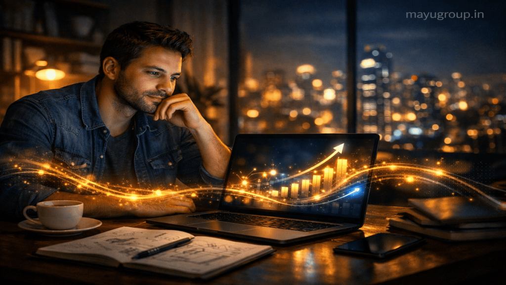 Entrepreneur working late in a modern office with laptop, notebooks, and ambient lighting, representing startup growth and financial planning.