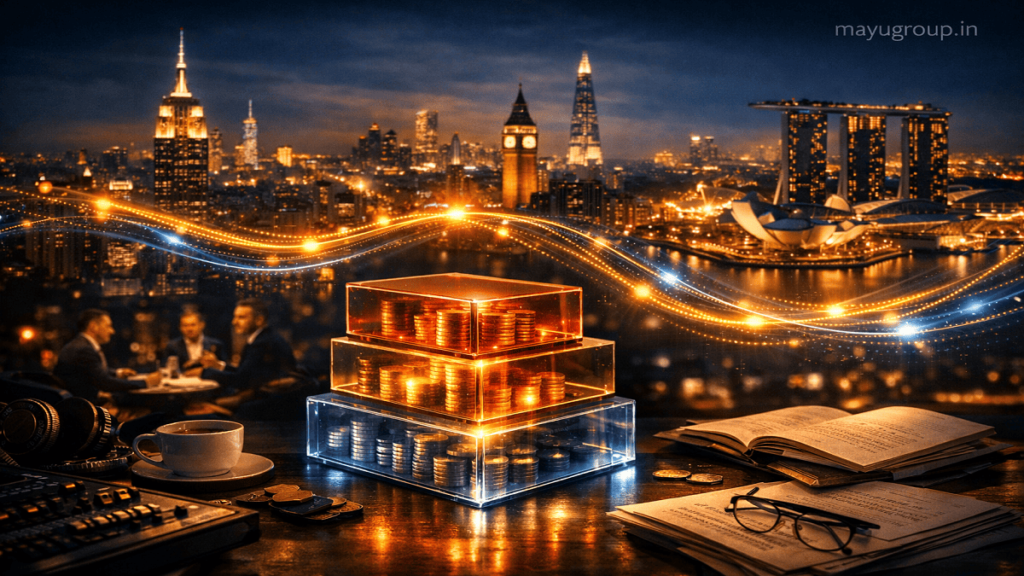 Investment banking professionals analyzing financial data as assets are transformed into structured securities through a digital financial system.