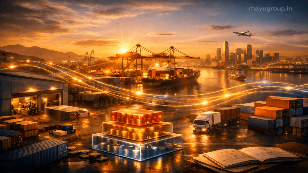Global logistics network with ships, trucks, and warehouses connected through glowing financial flow lines representing supply chain financing across international trade routes.