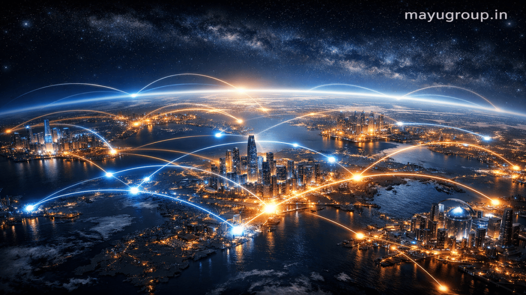 Global digital network showing cities connected by glowing blockchain lines representing token-based funding across international markets.