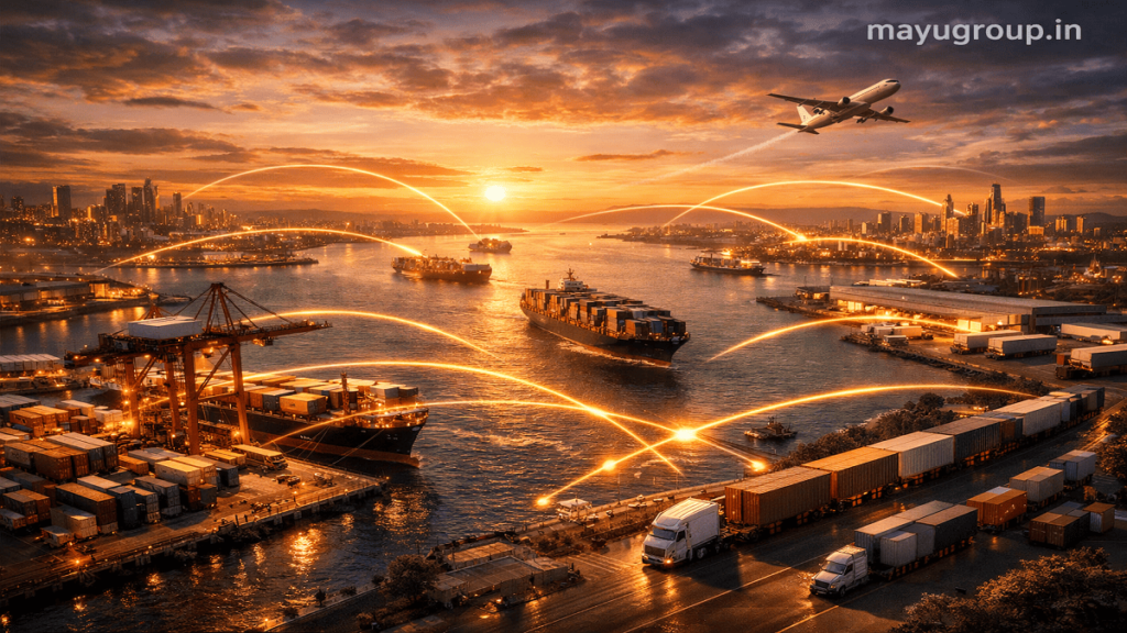Global logistics network with ships, trucks, ports, and warehouses connected by glowing financial flows representing trade financing across countries.
