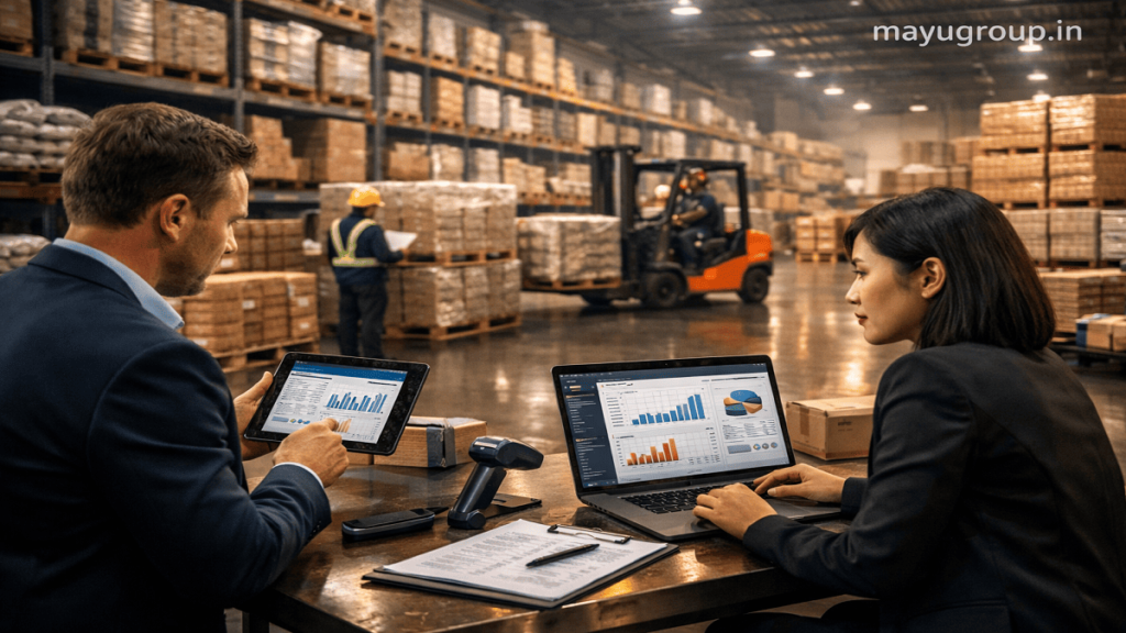 Modern warehouse with inventory storage, logistics operations, and financial professionals discussing warehouse financing solutions.