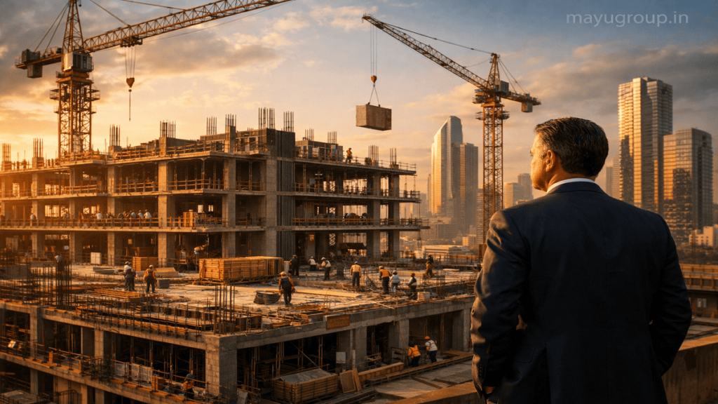 Investor observing large commercial building under construction with cranes and workers at an urban development site