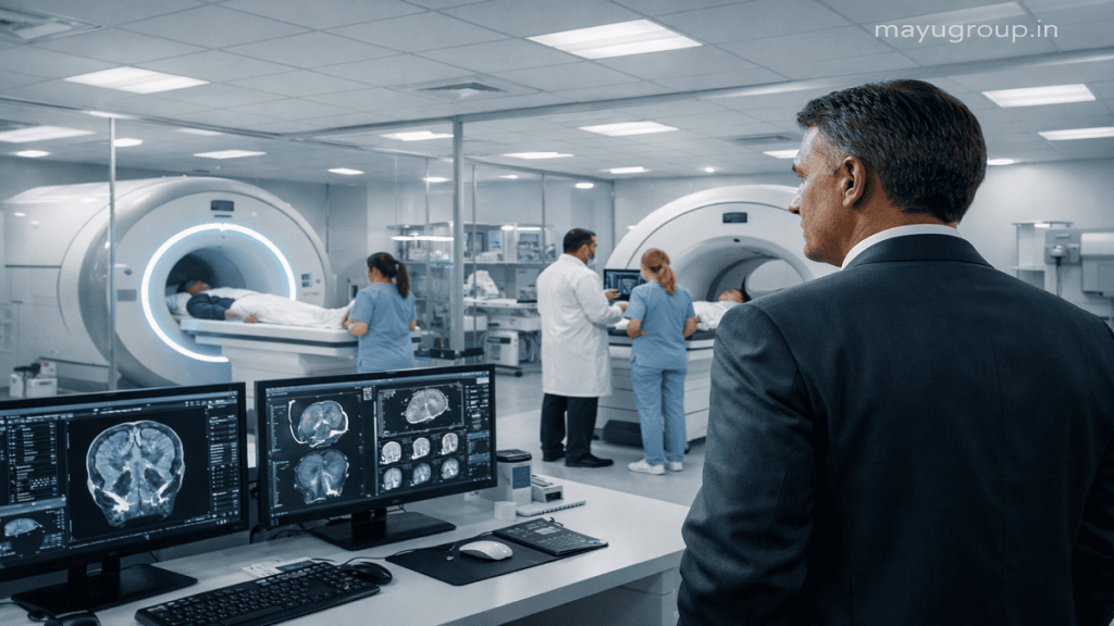 Medical professionals operating MRI and CT scanners in a modern hospital diagnostic center with administrator observing setup