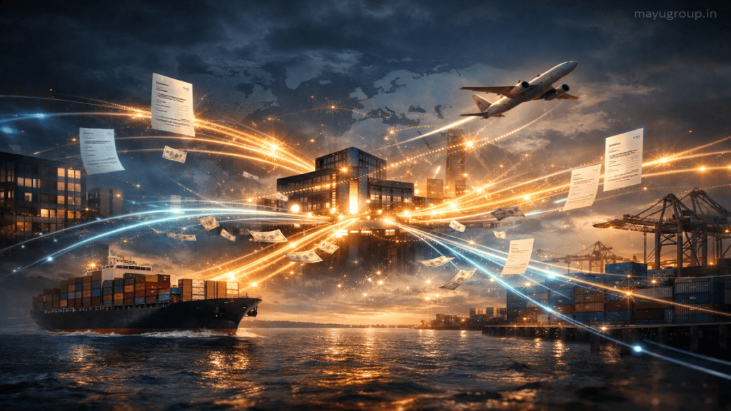 Cinematic visual of global trade flow showing invoices, cargo ships, and financial connections representing factoring services.