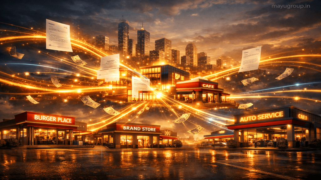 Cinematic visual showing multiple franchise outlets connected by financial flow lines representing business expansion and growth.