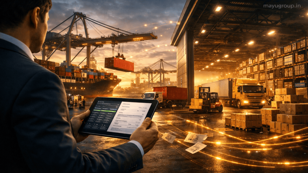 Cargo containers being unloaded at a port with a business professional reviewing import logistics on a tablet.