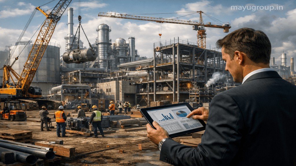 Business executive reviewing project plans at a large factory construction site with machinery and cranes in background.