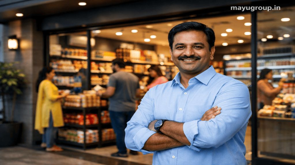 Successful Indian retail business owner standing in front of a thriving store supported by MSME financing.