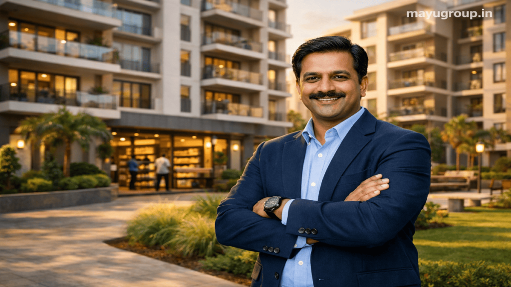 Successful property owner standing in front of a modern residential apartment complex financed through a real estate loan.
