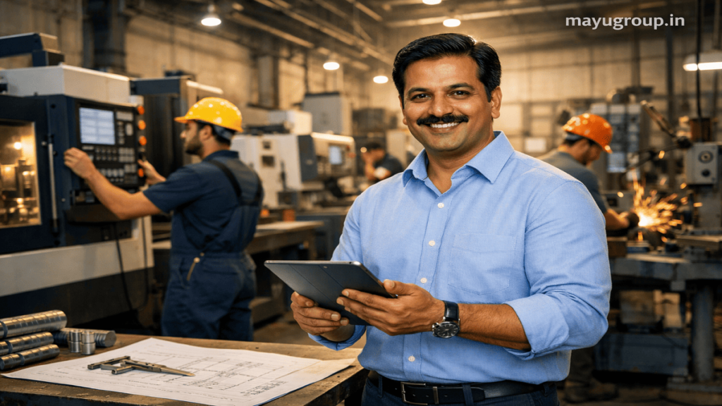 Entrepreneur overseeing manufacturing operations with workers using modern machinery in a production facility.