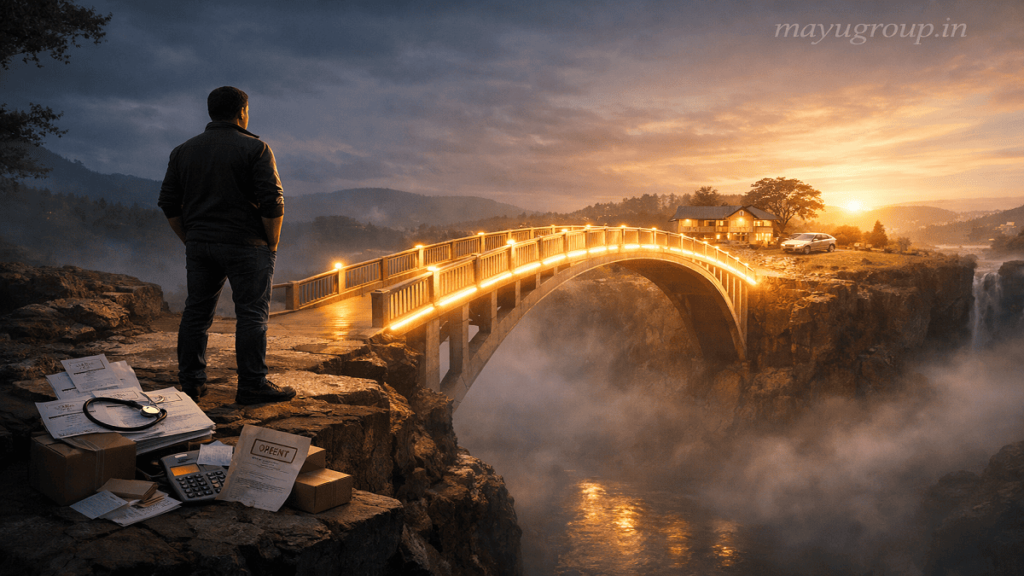 A cinematic visual of a glowing bridge connecting financial stress on one side to financial stability on the other, symbolizing short-term loans.