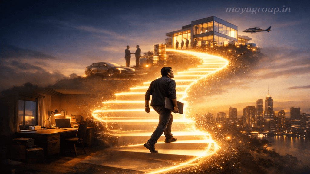 A cinematic visual of an entrepreneur climbing a glowing staircase representing startup growth from a small workspace to a successful business environment.