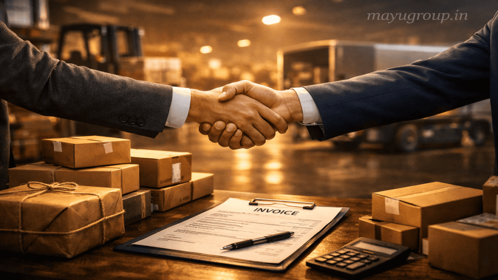 Two business professionals shaking hands across a table with goods and an invoice, symbolizing trust-based trade credit agreement.