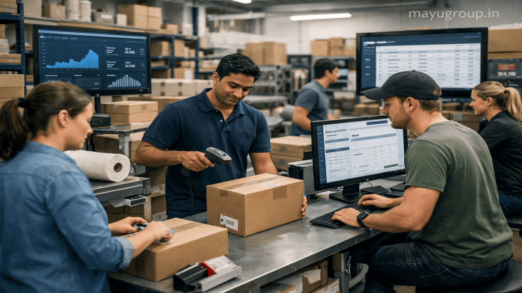 Active business workspace with employees handling inventory, packaging, and logistics operations in a smooth-running environment representing business growth.