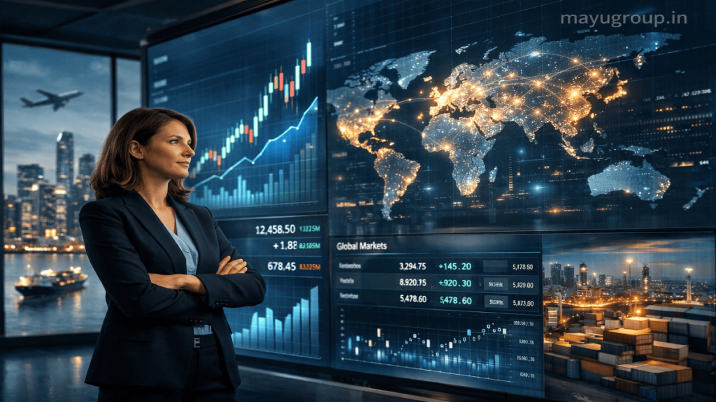 Business professional standing before a digital financial display showing global markets, stock trends, and corporate growth visuals.