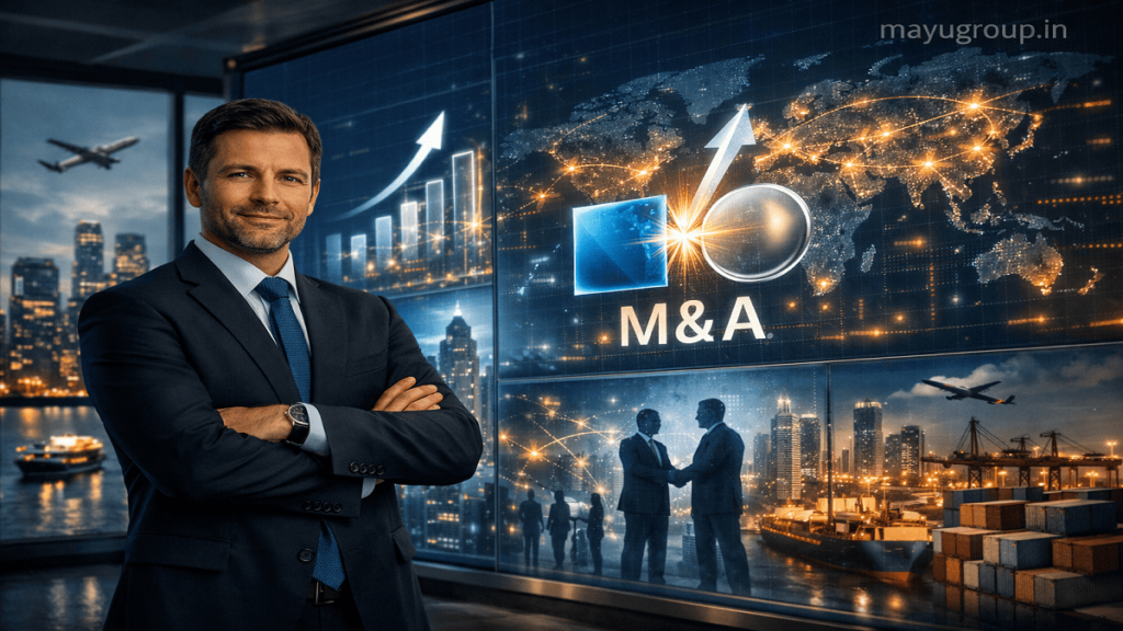 Business professional in front of a digital financial interface showing global mergers, acquisitions, and corporate growth visualization.