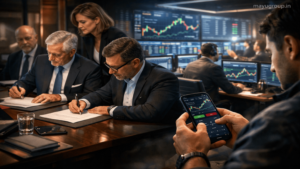 A realistic scene showing executives in a boardroom, traders monitoring screens, and a retail investor using a mobile app to engage with capital markets.