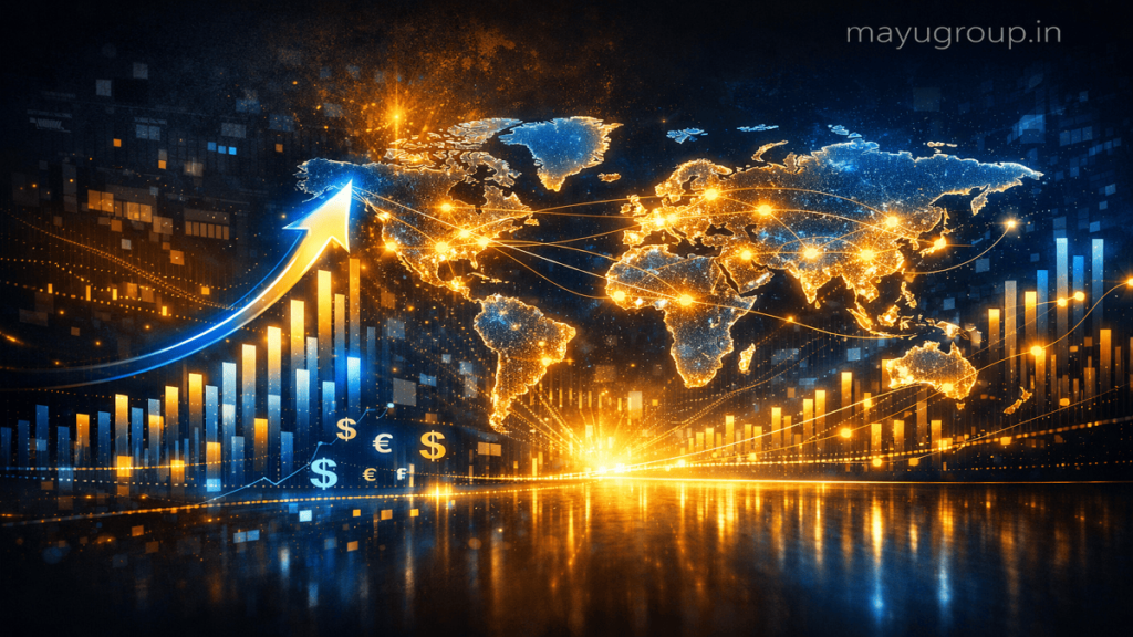 Abstract visualization of global business growth with rising financial graphs and interconnected world markets