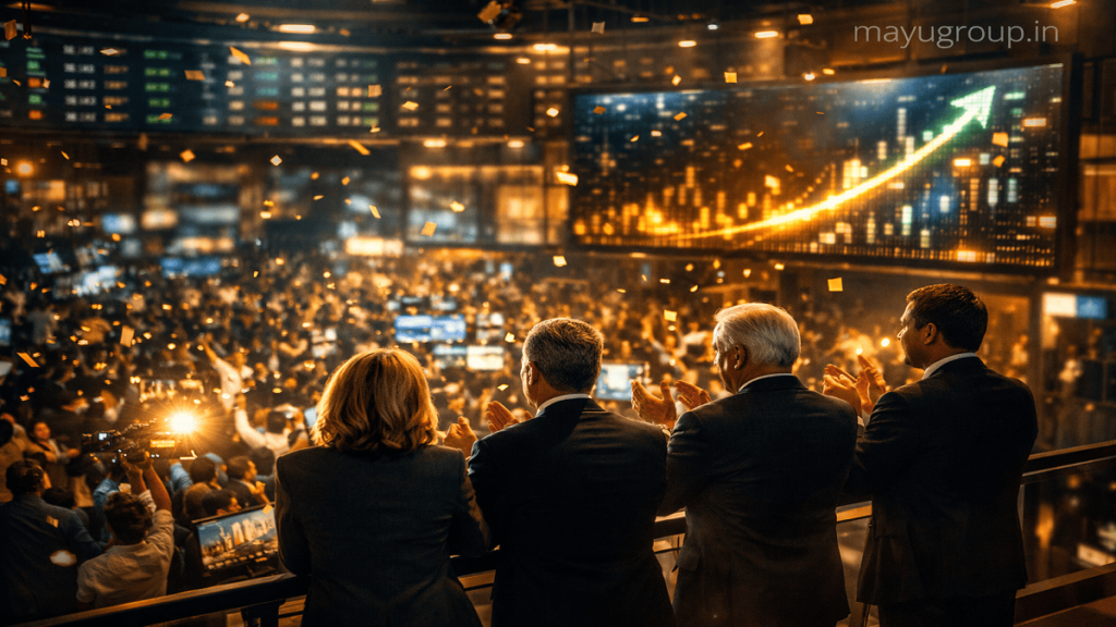 Stock exchange trading floor showing IPO success with executives observing market growth and digital screens
