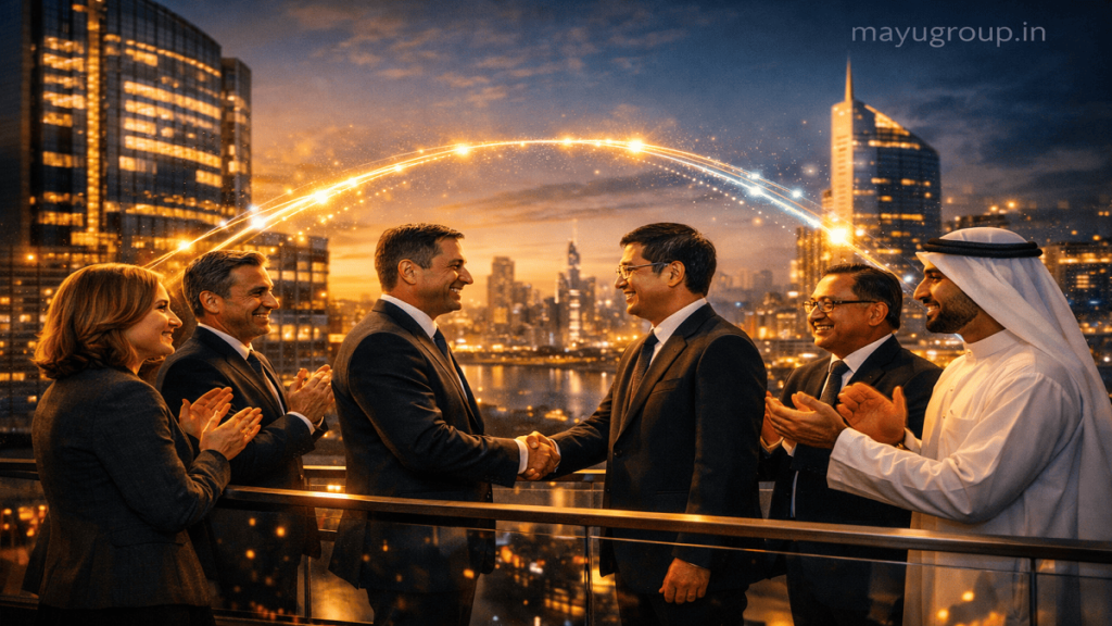 International business teams collaborating in a global joint venture concept with modern corporate background