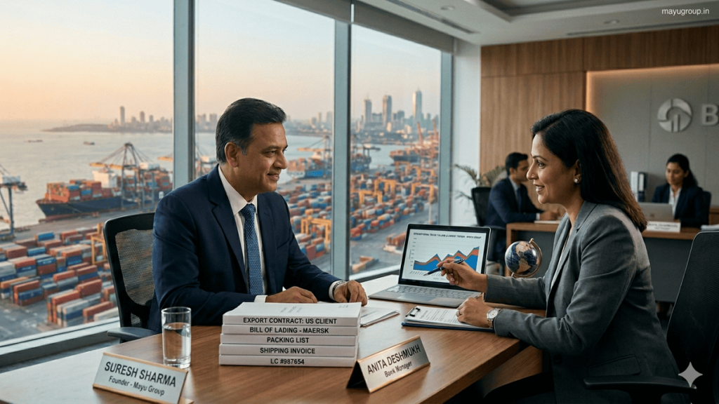 Export Loans. A business owner discussing export financing documents with a bank manager in a modern office setting.