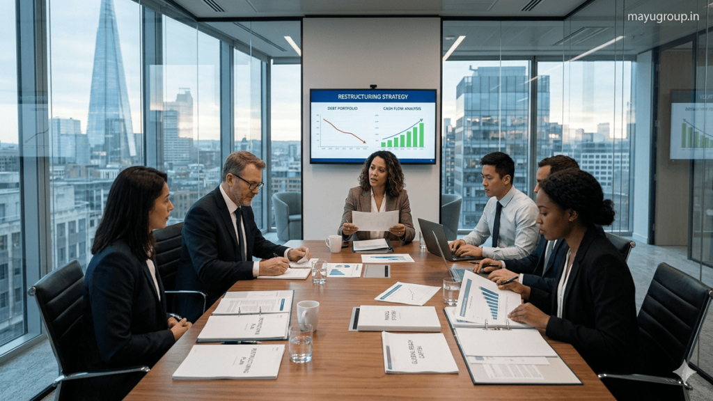 Business executives discussing debt restructuring plans in a modern boardroom with financial documents and charts