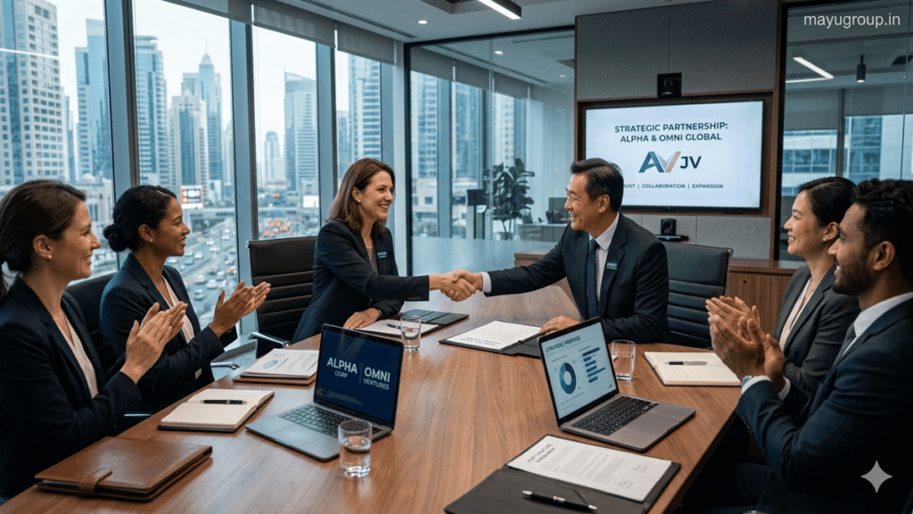 Joint Ventures. Corporate executives from two companies finalizing a joint venture agreement in a modern office meeting room